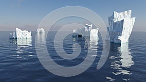 Rendering of floating ice mountains in the ocean