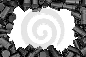 Rendering frame of black oil barrels situated around white background