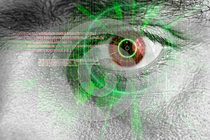 Rendering of a futuristic cyber eye with laser light effect