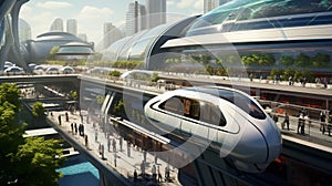 Rendering of a Futuristic Transportation Hub with Magnetic Levitation Trains - AI Generative