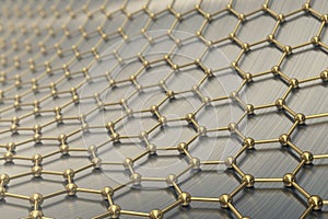 Rendering gold nanotechnology hexagonal geometric form close-up, concept graphene atomic structure, molecular