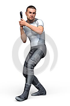 Rendering of a handsome man in a SciFi uniform holding a weapon