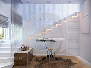 Rendering of interior design staircase hall with a piano