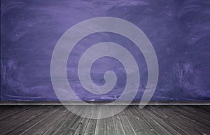 Rendering of interior with purple concrete wall and wooden floor