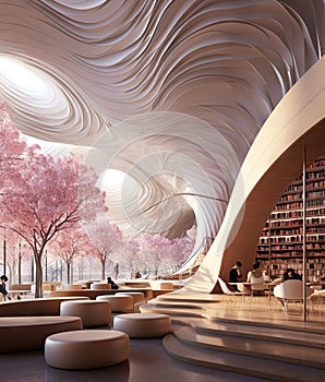 a rendering of a library with tables and pink trees