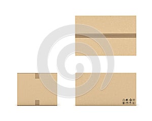Rendering of light beige cardboard mail box taped with duct tape from different foreshortenings isolated on a white photo