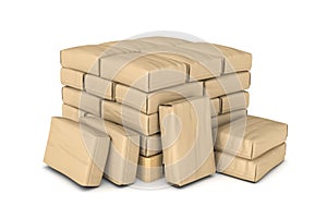 Rendering of light brown paper sacks piled on wooden pallet