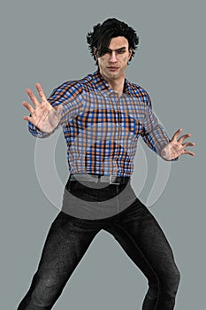 Rendering of a man in a check shirt with his arms outstretched in a fantasy druid or wizard pose