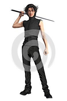 Rendering Man with Katana Sword Isolated