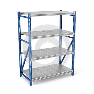 Rendering of metal rack with four shelves, isolated on a white background