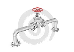 Rendering metal valve on curved pipe, isolated white background.