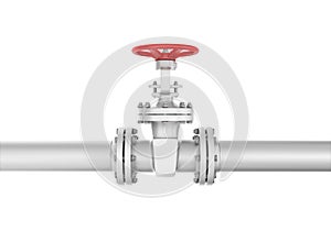 Rendering metal valve on curved pipe, isolated white background.