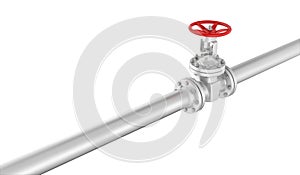 Rendering metal valve on curved pipe, isolated white background.