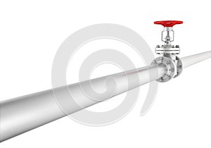 Rendering metal valve on curved pipe, isolated white background.