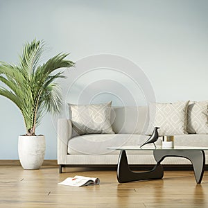 Rendering of a modern blue living room with a beige sofa