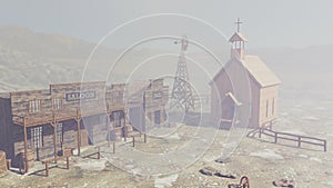 Rendering of an old western abandoned town in fog