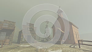 Rendering of an old western abandoned village in fog