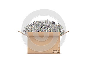 Rendering of an open carton box with many 100 dollar bills sticking out