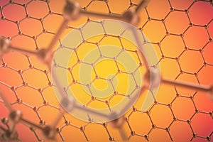 Rendering orange nanotechnology, hexagonal geometric form close-up, concept graphene atomic structure, molecular