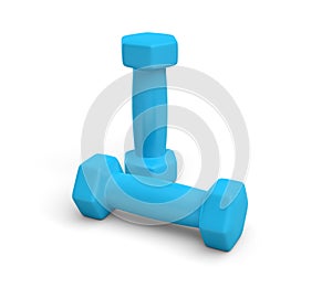 Rendering pair of blue light weight dumbbells isolated on white background.