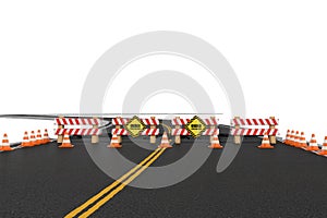 Rendering of road closed with barriers, traffic cones and caution signs due to roadworks diversion.