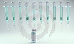 Rendering of a row of syringes with small vial on white background