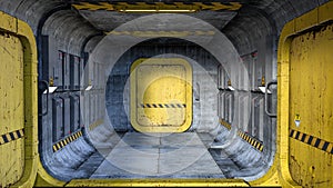 Rendering of a science fiction style corridor in a spaceship or futuristic building