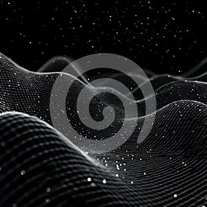 Abstract rendering of a grid with particles over a wavy surface