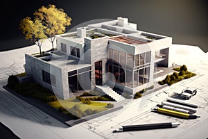 rendering of a Sustainable building architecture model with blueprint