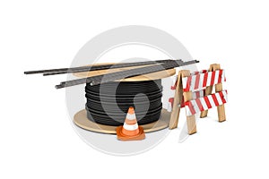Rendering of traffic cone, fence, cable coiler and several reinforcement bars isolated on white background.