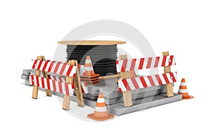 Rendering of traffic cones, fences and cable coil isolated on white background.