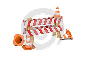 Rendering of traffic cones and 'under construction' barrier isolated on white background.