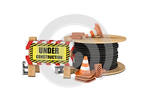 Rendering of wooden barrier with under construction sign, big cable drum and some traffic cones, bricks, concrete blocks