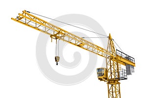 Rendering of yellow construction crane isolated on white background.