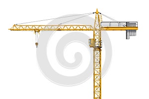 Rendering of yellow construction crane isolated on white background.