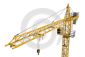 Rendering of yellow construction crane isolated on white background.