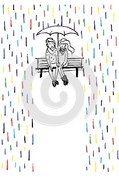 Rendezvous in the rain. Couple in love sitting on the bench.