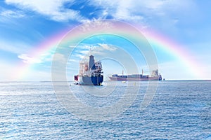 Rendezvous of two ships on the high seas. Commercial container ship on the high seas. Rainbow after rain