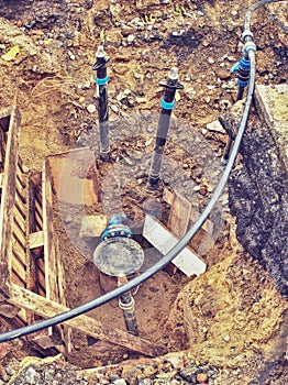 Reneval system in the city. Laying plastic water pipes