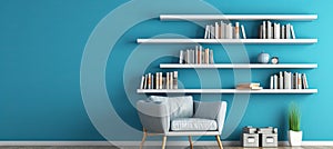 Renew blue scandinavian interior with modern sofa, chair, and bookshelf against blue wall.