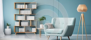 Renew blue scandinavian living room with modern furniture and bookshelf against blue wall.