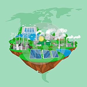 Renewable ecology energy icons, green city power alternative resources concept, environment save new technology, solar