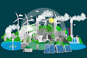 Renewable ecology energy icons, green city power alternative resources concept, environment save new technology, solar