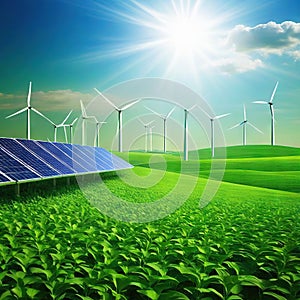 renewable energy background with green energy as wind turbines and solar