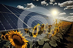 renewable energy background with photovoltaic energy as big solar panels in sunflowers field