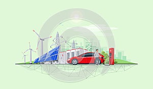 Renewable Energy Battery Storage Power Grid System with Electric Car Charging and City Skyline