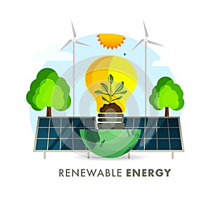 Renewable Energy Concept With Eco Bulb Over Half Globe, Solar Panel, Windmill And Tree On Sun Background