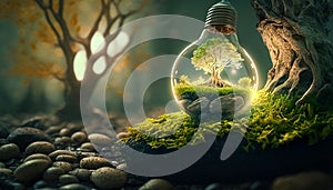 Renewable energy concept, green light bulb in forest, Generative AI.