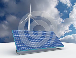 Renewable energy concept with grid connections solar panels and wind turbines. 3d rendered illustration