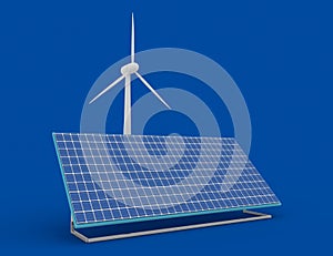 Renewable energy concept with grid connections solar panels and wind turbines. 3d rendered illustration